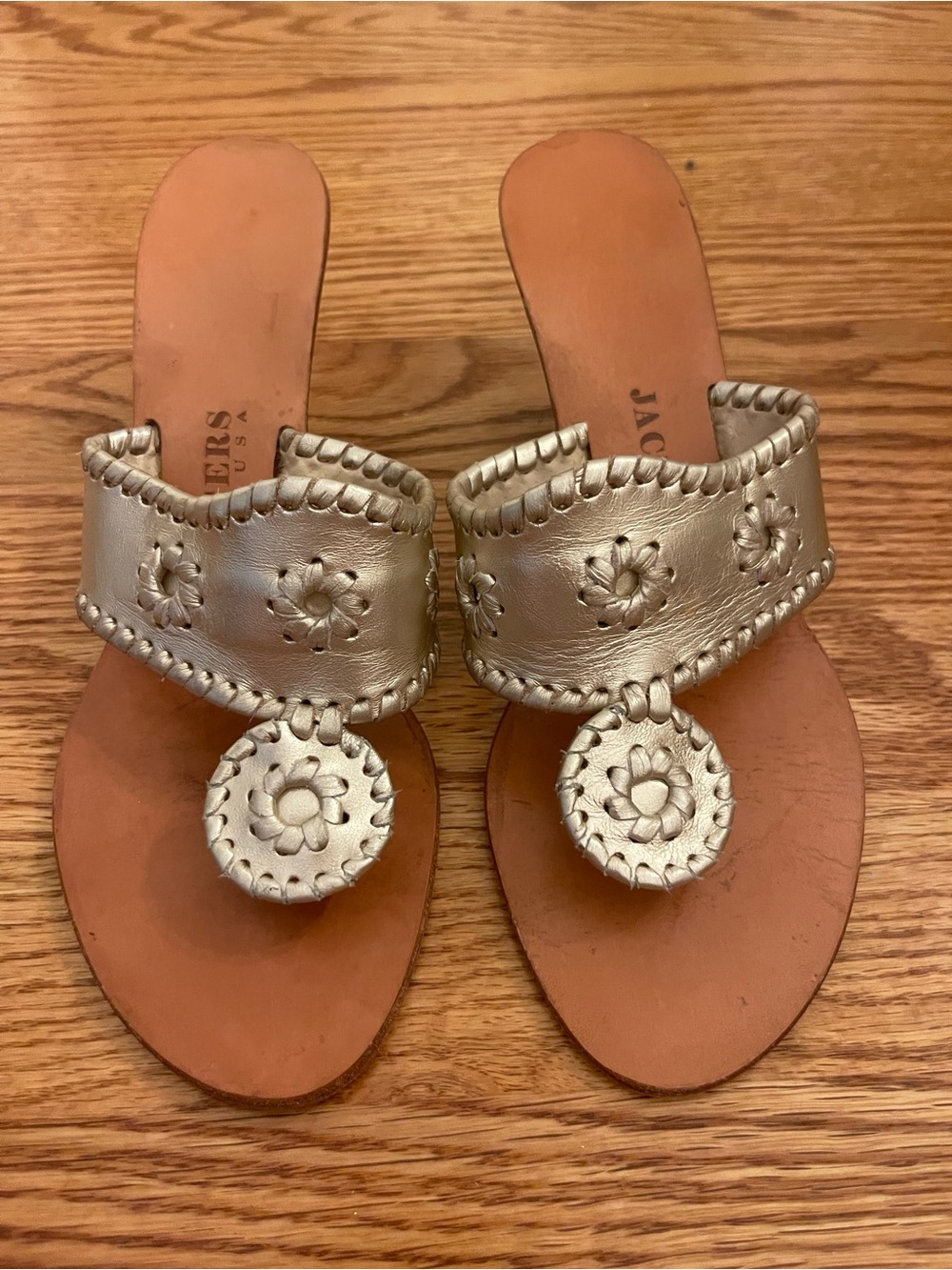 Jack Rogers Silver Gold Wedge Sandals with Floral Medallion
